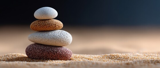 Smooth stones stacked in balance on sand, symbolizing tranquility and harmony against a blurred background.