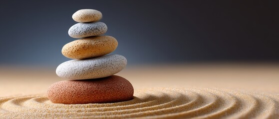 A balanced stack of smooth stones sits on raked sand, evoking calmness and tranquility in a zen-like setting.