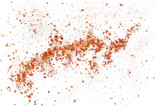 Spicy chili red pepper flakes, chopped, milled dry paprika pile flying isolated on white, clipping path