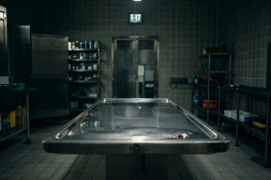 Autopsy table in dimly lit hospital morgue