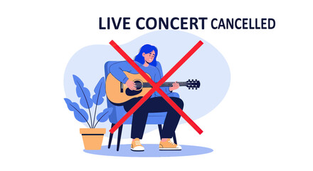 Young Woman Playing Acoustic Guitar Sitting on Chair with Red Cross Mark and Live Concert Cancelled Text
