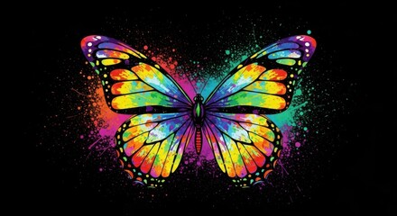 Vibrant Abstract Butterfly with Splatter Paint Effects and Rainbow Colors on a Black Background