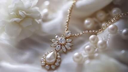 Elegant Pearl and Diamond Necklace on Silk
