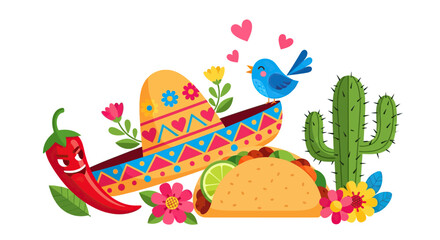 Colorful Mexican Taco with Decorative Sombrero Spicy Chili Pepper and Cactus Illustration

