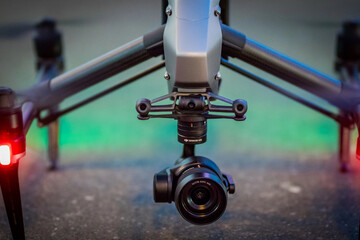 Drone lands on the street flying around city