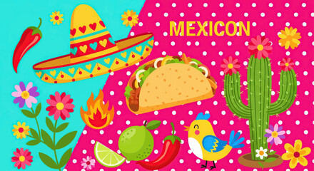 Colorful Mexican Food and Cultural Icons Illustration with Sombrero Cactus and Taco
