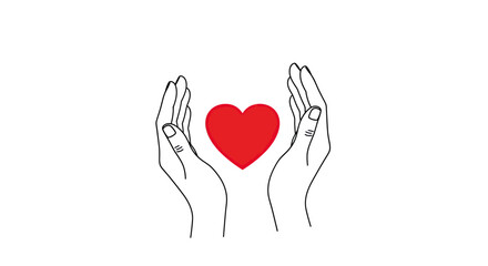 Two Outline Hands Holding Bright Red Heart Symbol on White Background
