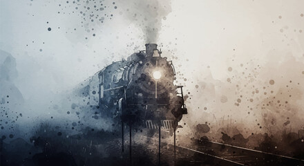 An old train fading into fog evokes nostalgia, loneliness, and time passing — painted in a classic moody watercolor style. © Purnomo