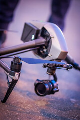 Drone lands on the street flying around city