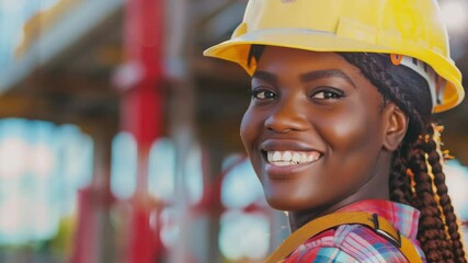Happy and confident female construction worker in a hard hat, smiling on a construction site with tools in the background.