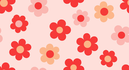 Colorful Red Pink and Peach Flower Pattern on Light Pink Background Seamless Design
