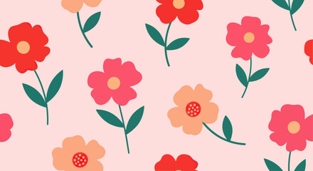 Colorful Red Pink and Orange Floral Pattern on Soft Pink Background
