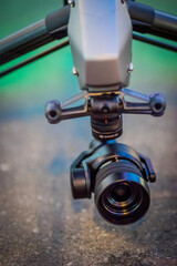 Drone lands on the street flying around city