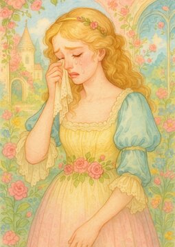 Tearful princess in garden