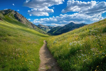 A scenic mountain trail winds through a vibrant meadow.