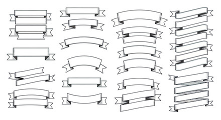 Collection of Simple Black and White Vintage Ribbon Banner Vector Set on White Background
