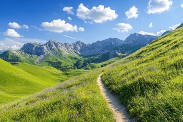 Fototapeta premium Scenic mountain path winding through lush green meadows.