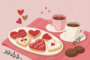 Vector romantic food scene with heart-shaped pastry.
