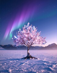 A majestic tree adorned with shimmering crystals, reflecting sunlight in a dazzling array of colors, creating a magical and enchanting atmosphere.
