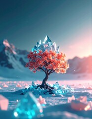 A majestic tree adorned with shimmering crystals of various sizes, reflecting sunlight and casting colorful glimmers on the surrounding ground.