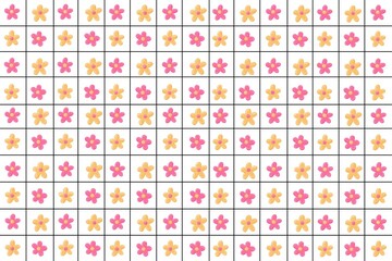 seamless pattern with squares & yellow pink flowers, blossom, bloom isolated on white background. Pretty floral, flower design for wallpaper, textile, fabric, print, decoration, etc. 