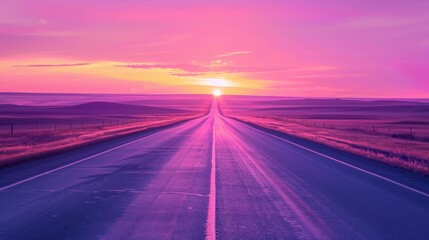 Breathtaking desert road at sunset showcasing a stunning sky of pink and orange colors