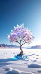 A majestic tree adorned with vibrant purple flowers, its branches gracefully arching, creating a stunning contrast against a clear blue sky.