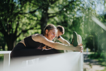 A young woman accomplishes a stretching exercise on a sunny day, enjoying a workout in lush greenery. Embracing an active lifestyle, she stays focused and determined in her fitness routine.