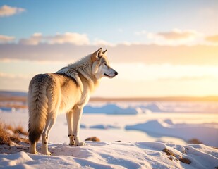 A fluffy white and black dog stands proudly atop a glistening blanket of fresh snow, its fur contrasting beautifully with the winter landscape.