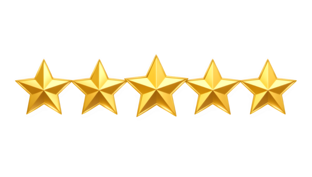 Premium 3D gold five star rating isolated on transparent background - Powered by Adobe