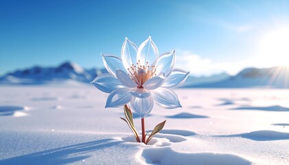 A delicate white flower emerges from a blanket of snow, set against majestic mountains under a clear blue sky, creating a serene winter landscape.