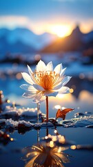 A delicate white flower with soft petals gently floats on the calm surface of clear water, reflecting its beauty in the serene surroundings.