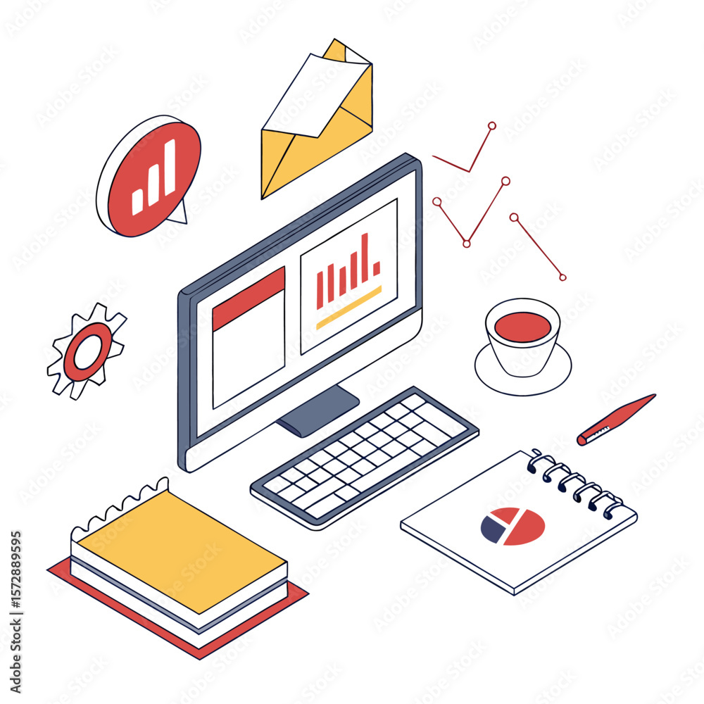 Poster isometric illustration of a modern workspace featuring a computer with charts a notebook with a pie 