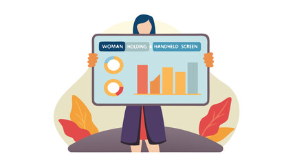 Illustration of a woman holding a screen displaying charts and graphs with leaves in the background design