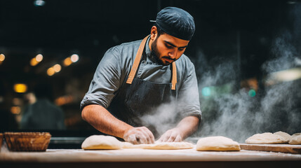 A male baker working late night, kneading dough in a bakery with flour and steam in a warm kitchen, preparing bread for early morning delivery in a professional cooking environment.