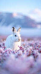 A fluffy white rabbit sits gracefully among a vibrant array of colorful flowers, its soft fur contrasting beautifully with the blossoms surrounding it.