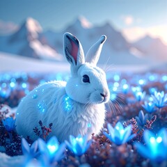 A fluffy white rabbit sits gracefully among a vibrant array of colorful flowers, its soft fur contrasting beautifully with the vivid petals surrounding it.