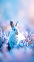 A fluffy white rabbit sits gracefully amidst a vibrant patch of purple flowers, its ears perked up, surrounded by a lush green backdrop.