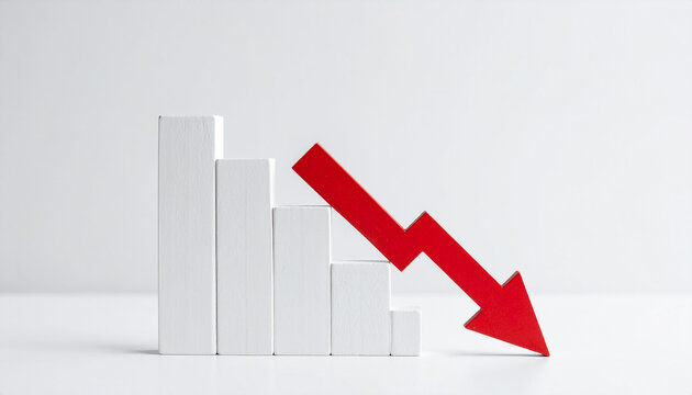 Minimalist white graph with red arrow pointing down. Business risk, financial decline and money loss