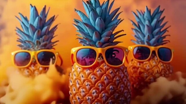 Three pineapples wearing sunglasses