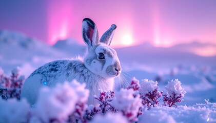 A fluffy white rabbit sits gracefully in a blanket of fresh, glistening snow, its ears perked up and nose twitching, surrounded by a serene winter landscape.