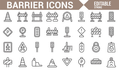 Set of Traffic, Barrier, and Warning Sign Icons for Road Control and Safety