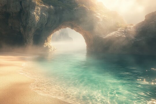 Sun-drenched beach cove with a misty archway.