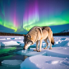 A majestic wolf with thick, gray fur bends down to drink crystal-clear water from a partially frozen lake, surrounded by snow-covered trees.