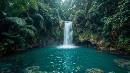 A beautiful waterfall cascading into a blue pool surrounded by lush green tropical vegetation