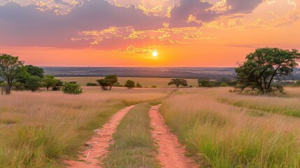 Scenic desert road under a vibrant sunset with shades of pink and orange in the sky