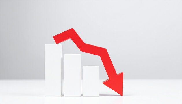 Minimalist white graph with red arrow pointing down. Business risk, financial decline and money loss