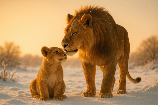 Lioness nuzzling cub in snowy landscape during golden hour sunset - Powered by Adobe