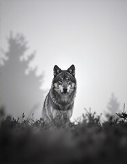A majestic wolf stands alert in a lush green meadow, its head turned gracefully to the side, showcasing its thick fur and keen eyes.