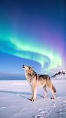 A majestic wolf stands gracefully in a blanket of snow, illuminated by vibrant aurora lights dancing across the night sky, creating a magical atmosphere.